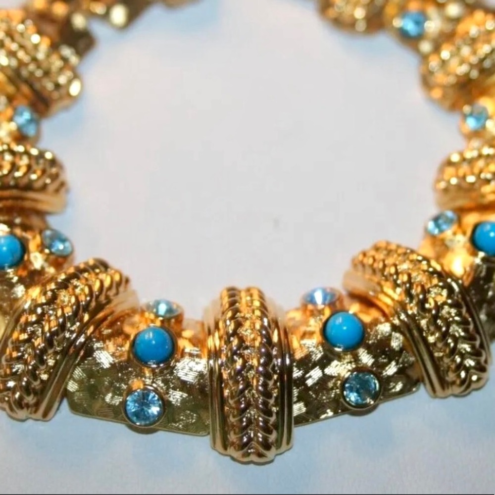 Beautiful Brushed Gold Bracelet, 8” Look of Blue Topaz and Turquoise - Picture 1 of 7